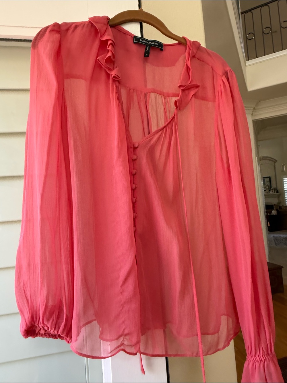 BCBGMaxAzria Coral Sheer Ruffle-Tie Blouse